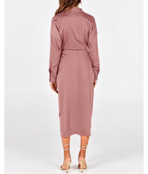 BTFBM Maxi Dresses for Women Fall 2025 Long Sleeve Lapel Neck Button Down Elegant Satin Belted Ruched Summer Shirt Dress