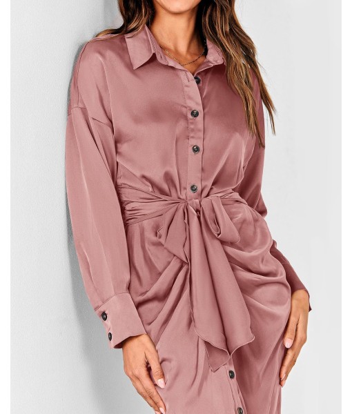 BTFBM Maxi Dresses for Women Fall 2025 Long Sleeve Lapel Neck Button Down Elegant Satin Belted Ruched Summer Shirt Dress