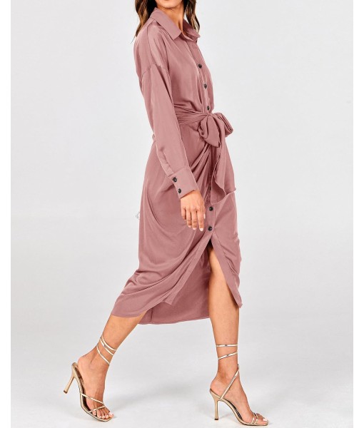BTFBM Maxi Dresses for Women Fall 2025 Long Sleeve Lapel Neck Button Down Elegant Satin Belted Ruched Summer Shirt Dress