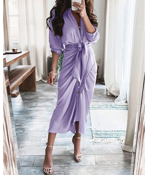 BTFBM Maxi Dresses for Women Fall 2025 Long Sleeve Lapel Neck Button Down Elegant Satin Belted Ruched Summer Shirt Dress