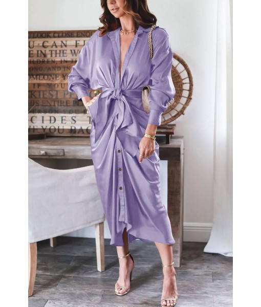 BTFBM Maxi Dresses for Women Fall 2025 Long Sleeve Lapel Neck Button Down Elegant Satin Belted Ruched Summer Shirt Dress