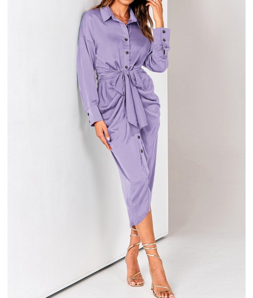 BTFBM Maxi Dresses for Women Fall 2025 Long Sleeve Lapel Neck Button Down Elegant Satin Belted Ruched Summer Shirt Dress