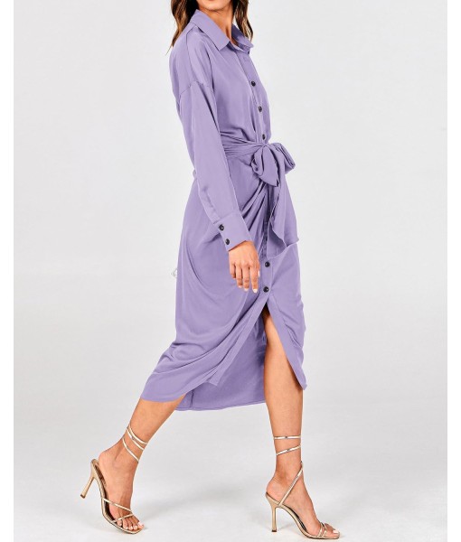BTFBM Maxi Dresses for Women Fall 2025 Long Sleeve Lapel Neck Button Down Elegant Satin Belted Ruched Summer Shirt Dress