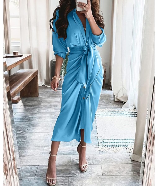 BTFBM Maxi Dresses for Women Fall 2025 Long Sleeve Lapel Neck Button Down Elegant Satin Belted Ruched Summer Shirt Dress