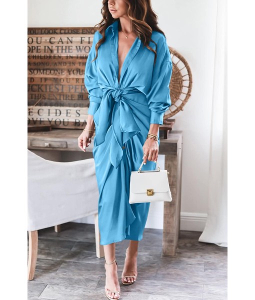 BTFBM Maxi Dresses for Women Fall 2025 Long Sleeve Lapel Neck Button Down Elegant Satin Belted Ruched Summer Shirt Dress