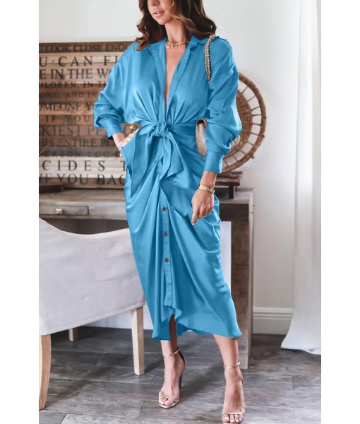 BTFBM Maxi Dresses for Women Fall 2025 Long Sleeve Lapel Neck Button Down Elegant Satin Belted Ruched Summer Shirt Dress