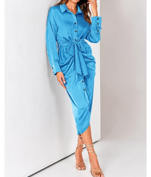 BTFBM Maxi Dresses for Women Fall 2025 Long Sleeve Lapel Neck Button Down Elegant Satin Belted Ruched Summer Shirt Dress
