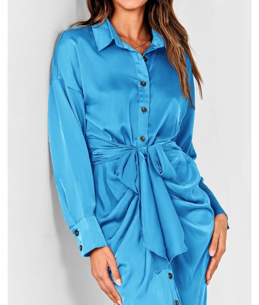 BTFBM Maxi Dresses for Women Fall 2025 Long Sleeve Lapel Neck Button Down Elegant Satin Belted Ruched Summer Shirt Dress