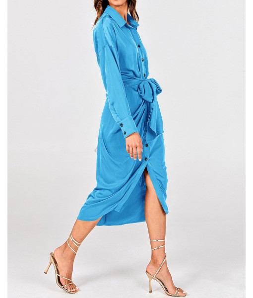BTFBM Maxi Dresses for Women Fall 2025 Long Sleeve Lapel Neck Button Down Elegant Satin Belted Ruched Summer Shirt Dress