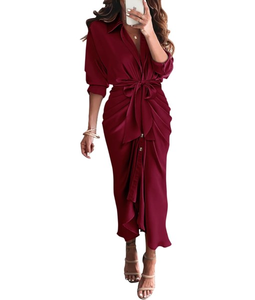 BTFBM Maxi Dresses for Women Fall 2025 Long Sleeve Lapel Neck Button Down Elegant Satin Belted Ruched Summer Shirt Dress
