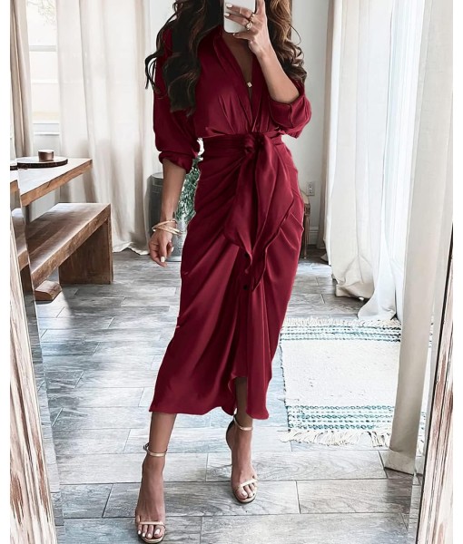 BTFBM Maxi Dresses for Women Fall 2025 Long Sleeve Lapel Neck Button Down Elegant Satin Belted Ruched Summer Shirt Dress