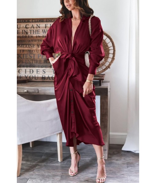 BTFBM Maxi Dresses for Women Fall 2025 Long Sleeve Lapel Neck Button Down Elegant Satin Belted Ruched Summer Shirt Dress