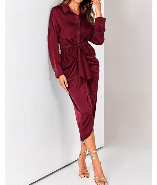 BTFBM Maxi Dresses for Women Fall 2025 Long Sleeve Lapel Neck Button Down Elegant Satin Belted Ruched Summer Shirt Dress