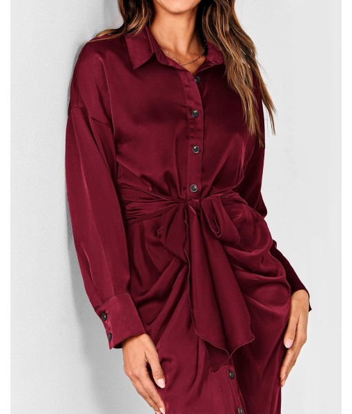 BTFBM Maxi Dresses for Women Fall 2025 Long Sleeve Lapel Neck Button Down Elegant Satin Belted Ruched Summer Shirt Dress