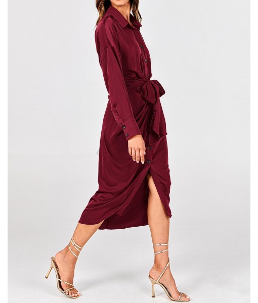BTFBM Maxi Dresses for Women Fall 2025 Long Sleeve Lapel Neck Button Down Elegant Satin Belted Ruched Summer Shirt Dress