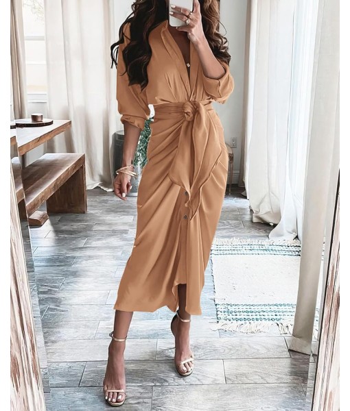 BTFBM Maxi Dresses for Women Fall 2025 Long Sleeve Lapel Neck Button Down Elegant Satin Belted Ruched Summer Shirt Dress