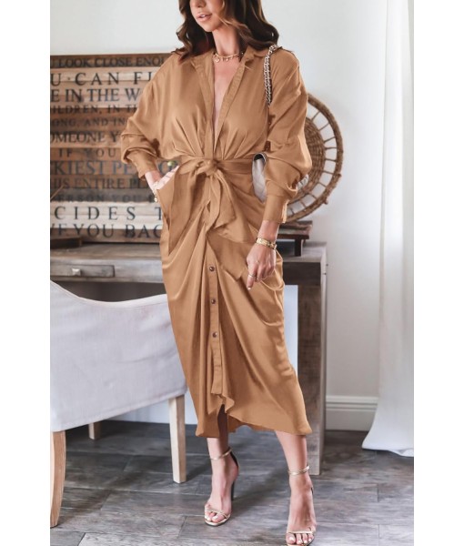 BTFBM Maxi Dresses for Women Fall 2025 Long Sleeve Lapel Neck Button Down Elegant Satin Belted Ruched Summer Shirt Dress