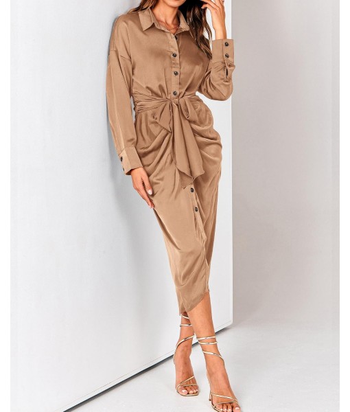 BTFBM Maxi Dresses for Women Fall 2025 Long Sleeve Lapel Neck Button Down Elegant Satin Belted Ruched Summer Shirt Dress