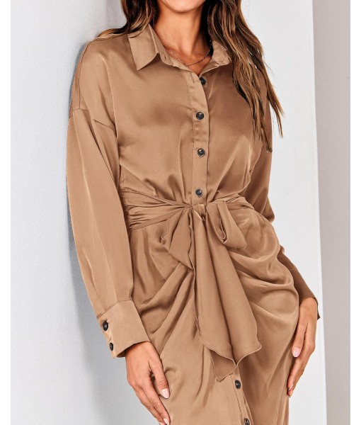 BTFBM Maxi Dresses for Women Fall 2025 Long Sleeve Lapel Neck Button Down Elegant Satin Belted Ruched Summer Shirt Dress