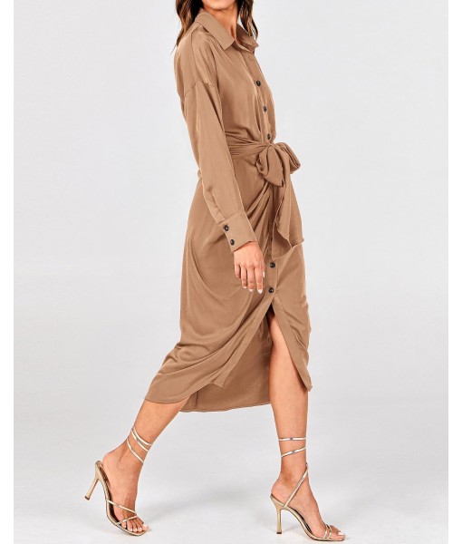 BTFBM Maxi Dresses for Women Fall 2025 Long Sleeve Lapel Neck Button Down Elegant Satin Belted Ruched Summer Shirt Dress