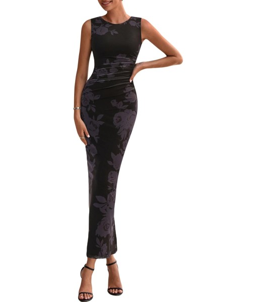 PRETTYGARDEN Wedding Guest Dresses for Women 2025 Summer Spring Floral Bodycon Sleeveless Mesh Maxi Long Dress