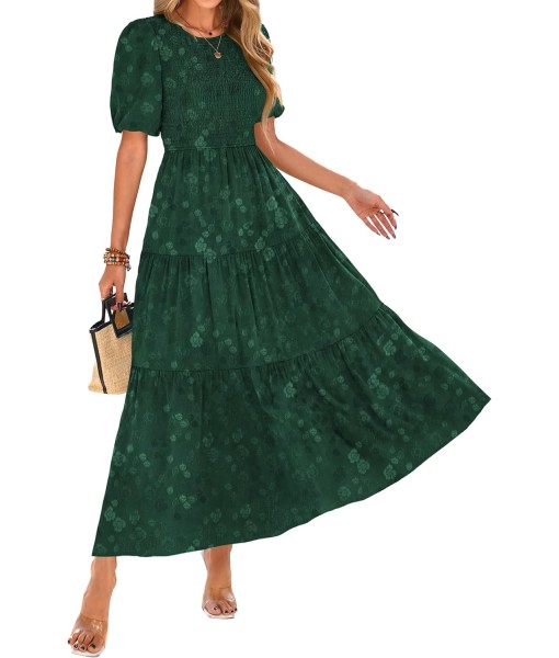 KIRUNDO Womens Summer Dresses Wedding Guest Floral Midi Sundress Short Puff Sleeve Flowy A Line Smocked Tiered Boho Dress