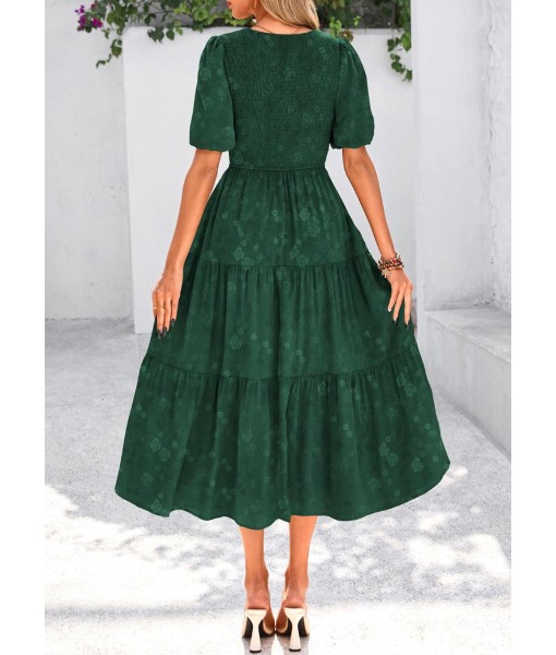 KIRUNDO Womens Summer Dresses Wedding Guest Floral Midi Sundress Short Puff Sleeve Flowy A Line Smocked Tiered Boho Dress