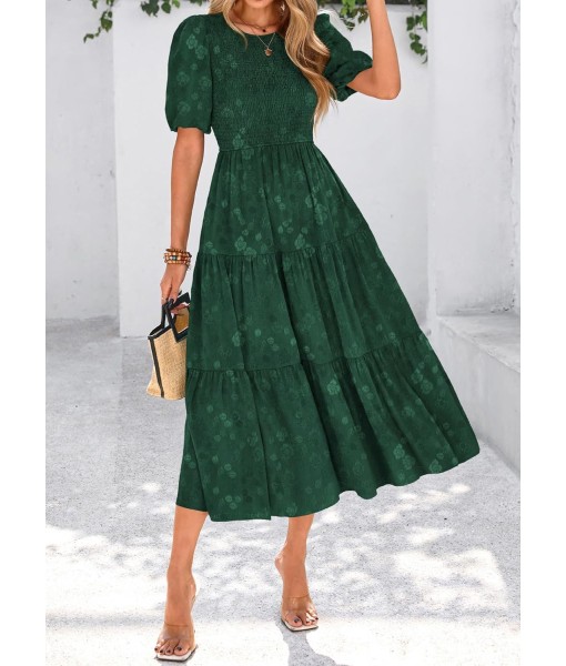 KIRUNDO Womens Summer Dresses Wedding Guest Floral Midi Sundress Short Puff Sleeve Flowy A Line Smocked Tiered Boho Dress