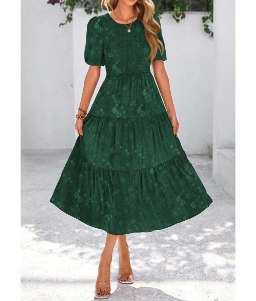 KIRUNDO Womens Summer Dresses Wedding Guest Floral Midi Sundress Short Puff Sleeve Flowy A Line Smocked Tiered Boho Dress