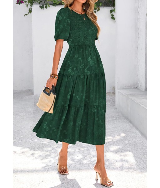 KIRUNDO Womens Summer Dresses Wedding Guest Floral Midi Sundress Short Puff Sleeve Flowy A Line Smocked Tiered Boho Dress