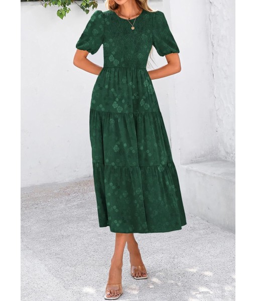 KIRUNDO Womens Summer Dresses Wedding Guest Floral Midi Sundress Short Puff Sleeve Flowy A Line Smocked Tiered Boho Dress
