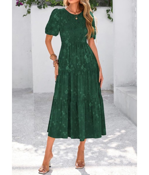 KIRUNDO Womens Summer Dresses Wedding Guest Floral Midi Sundress Short Puff Sleeve Flowy A Line Smocked Tiered Boho Dress