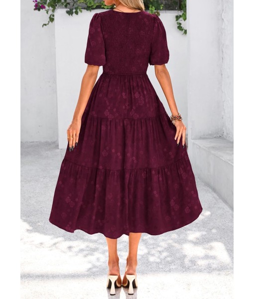 KIRUNDO Womens Summer Dresses Wedding Guest Floral Midi Sundress Short Puff Sleeve Flowy A Line Smocked Tiered Boho Dress