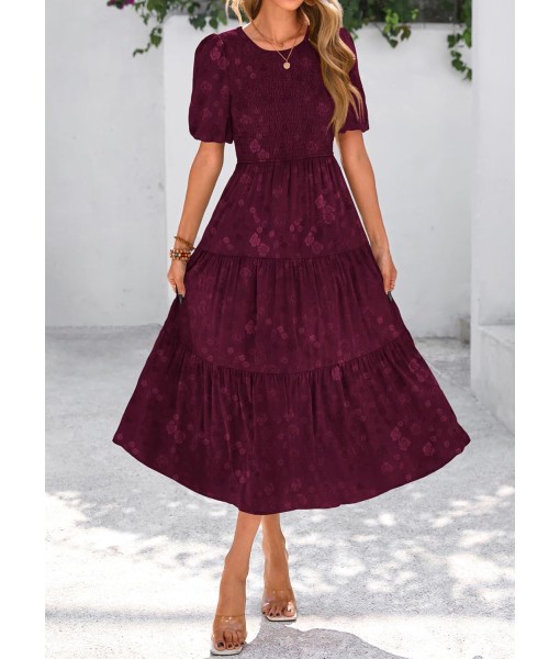 KIRUNDO Womens Summer Dresses Wedding Guest Floral Midi Sundress Short Puff Sleeve Flowy A Line Smocked Tiered Boho Dress