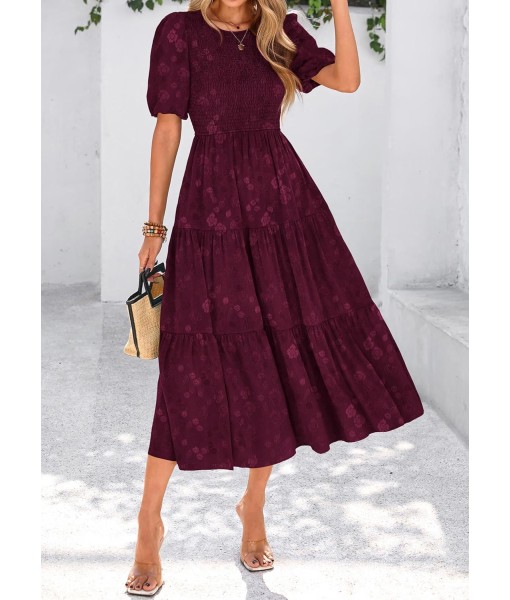 KIRUNDO Womens Summer Dresses Wedding Guest Floral Midi Sundress Short Puff Sleeve Flowy A Line Smocked Tiered Boho Dress