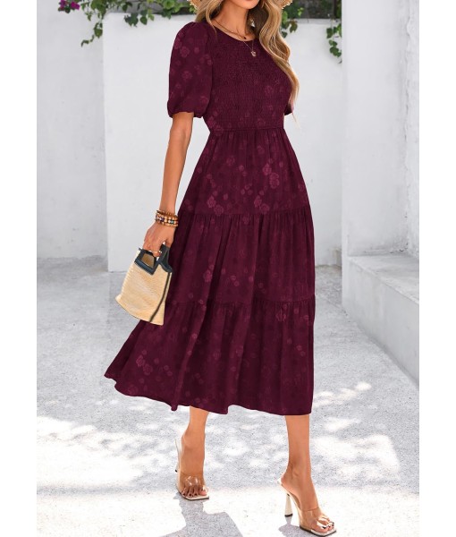 KIRUNDO Womens Summer Dresses Wedding Guest Floral Midi Sundress Short Puff Sleeve Flowy A Line Smocked Tiered Boho Dress