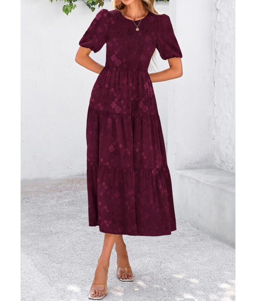 KIRUNDO Womens Summer Dresses Wedding Guest Floral Midi Sundress Short Puff Sleeve Flowy A Line Smocked Tiered Boho Dress