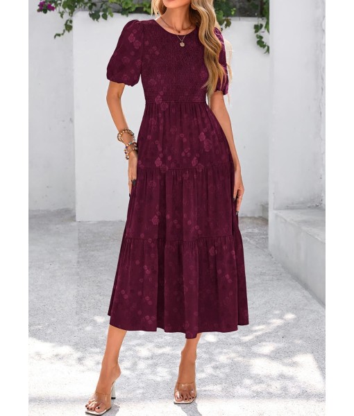 KIRUNDO Womens Summer Dresses Wedding Guest Floral Midi Sundress Short Puff Sleeve Flowy A Line Smocked Tiered Boho Dress