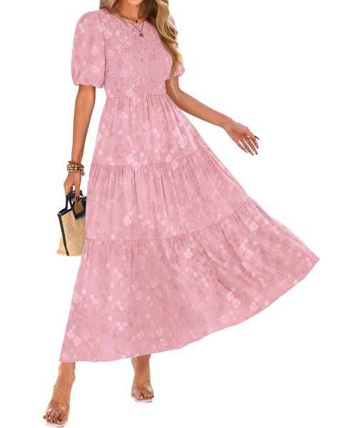 KIRUNDO Womens Summer Dresses Wedding Guest Floral Midi Sundress Short Puff Sleeve Flowy A Line Smocked Tiered Boho Dress