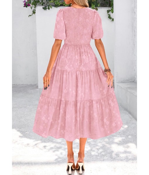 KIRUNDO Womens Summer Dresses Wedding Guest Floral Midi Sundress Short Puff Sleeve Flowy A Line Smocked Tiered Boho Dress