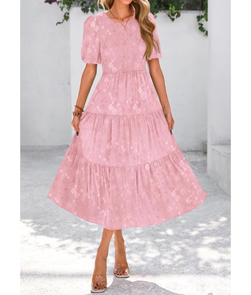 KIRUNDO Womens Summer Dresses Wedding Guest Floral Midi Sundress Short Puff Sleeve Flowy A Line Smocked Tiered Boho Dress