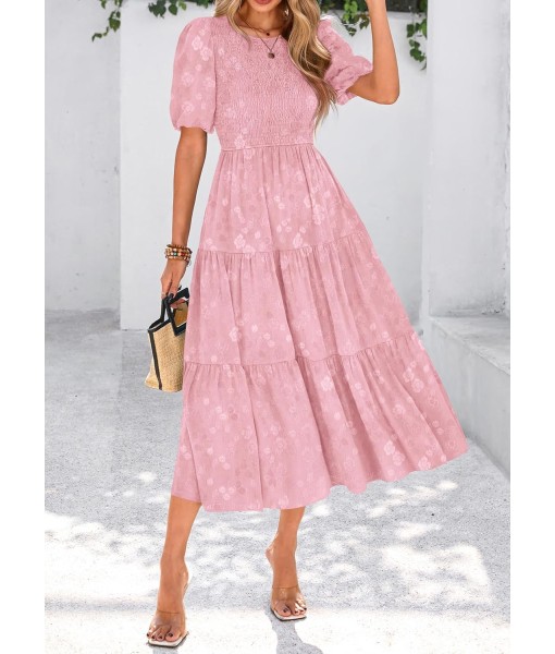 KIRUNDO Womens Summer Dresses Wedding Guest Floral Midi Sundress Short Puff Sleeve Flowy A Line Smocked Tiered Boho Dress
