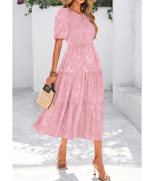 KIRUNDO Womens Summer Dresses Wedding Guest Floral Midi Sundress Short Puff Sleeve Flowy A Line Smocked Tiered Boho Dress