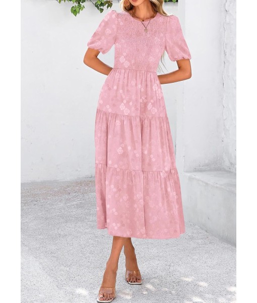 KIRUNDO Womens Summer Dresses Wedding Guest Floral Midi Sundress Short Puff Sleeve Flowy A Line Smocked Tiered Boho Dress