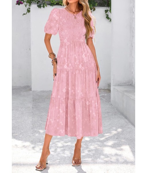 KIRUNDO Womens Summer Dresses Wedding Guest Floral Midi Sundress Short Puff Sleeve Flowy A Line Smocked Tiered Boho Dress