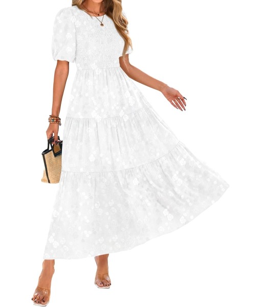 KIRUNDO Womens Summer Dresses Wedding Guest Floral Midi Sundress Short Puff Sleeve Flowy A Line Smocked Tiered Boho Dress