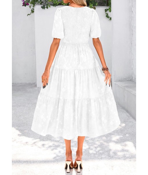 KIRUNDO Womens Summer Dresses Wedding Guest Floral Midi Sundress Short Puff Sleeve Flowy A Line Smocked Tiered Boho Dress