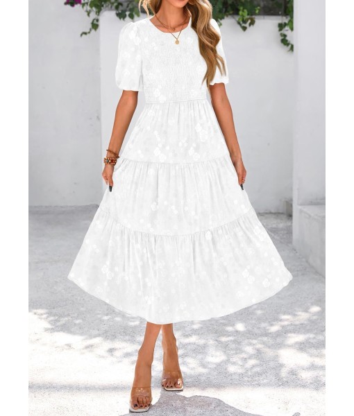 KIRUNDO Womens Summer Dresses Wedding Guest Floral Midi Sundress Short Puff Sleeve Flowy A Line Smocked Tiered Boho Dress