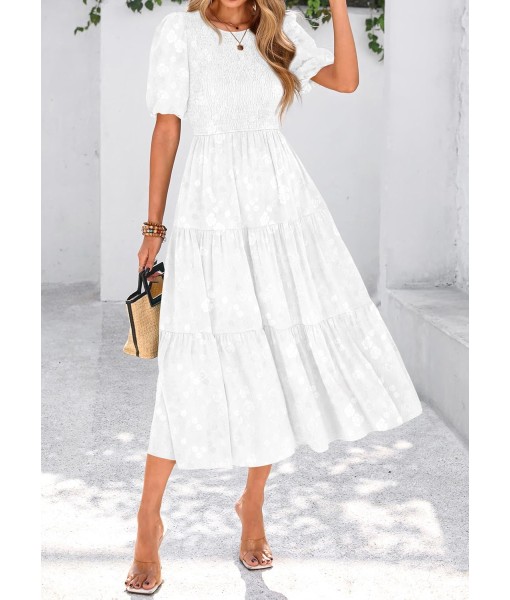 KIRUNDO Womens Summer Dresses Wedding Guest Floral Midi Sundress Short Puff Sleeve Flowy A Line Smocked Tiered Boho Dress