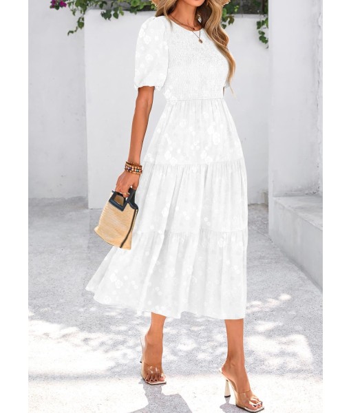 KIRUNDO Womens Summer Dresses Wedding Guest Floral Midi Sundress Short Puff Sleeve Flowy A Line Smocked Tiered Boho Dress